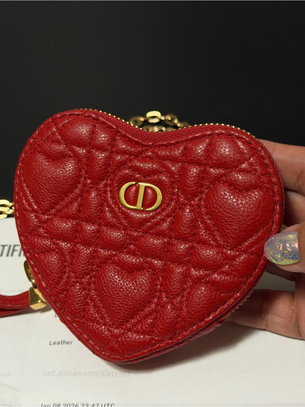 Dior Red Quilted Heart Mini Pouch with Gold CD Hardware